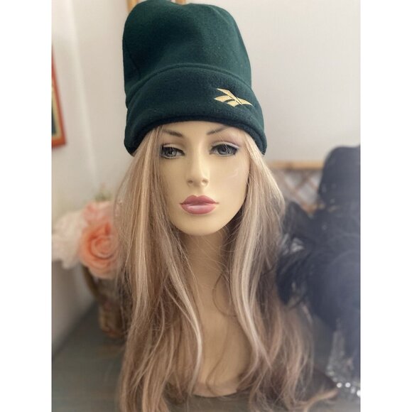 Vintage Reebok OSFA Cuffless Green Unisex Hat Beanie One Size Gold Logo EUC - Picture 10 of 16